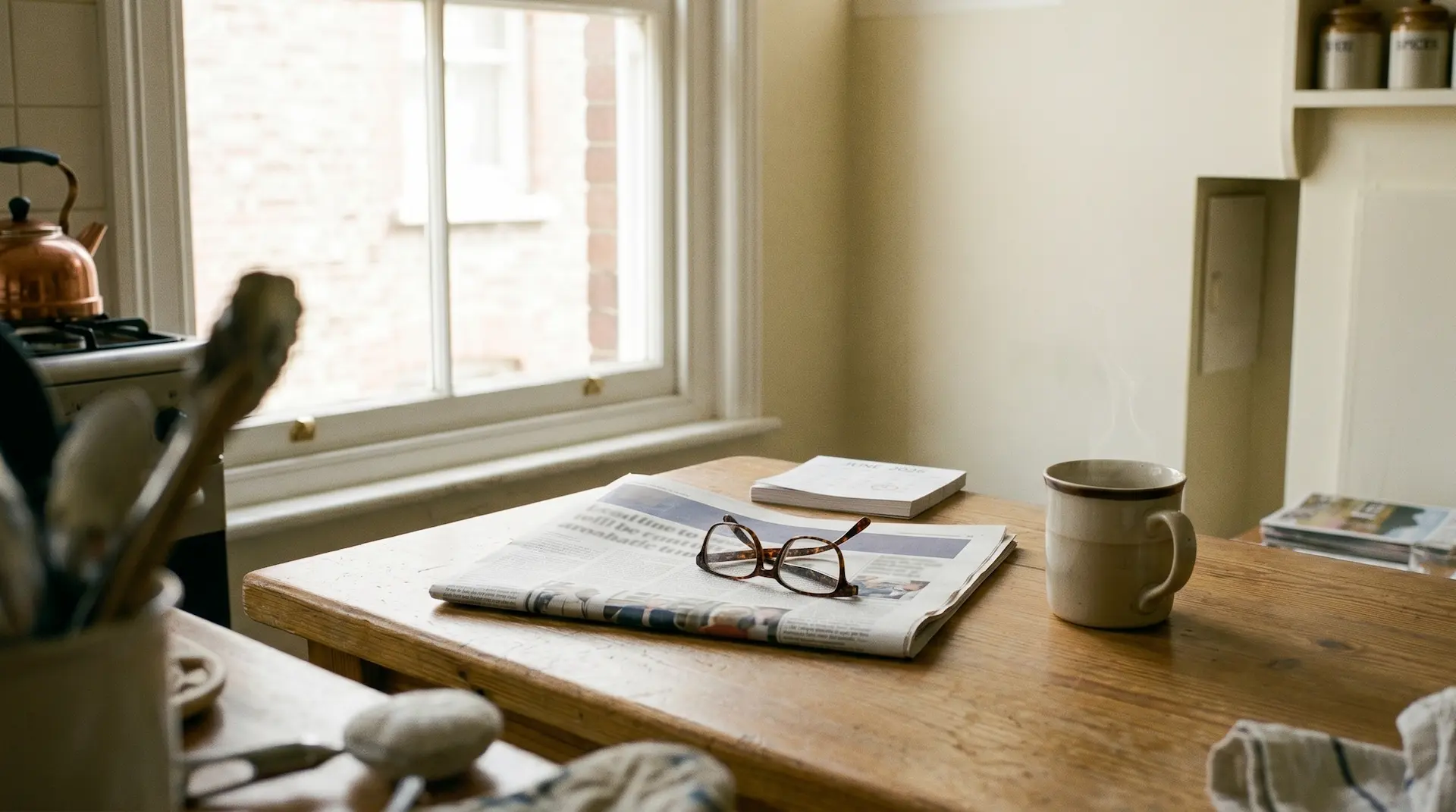 A newspaper folded on a kitchen table next to a cup of tea, daylight coming through a window
