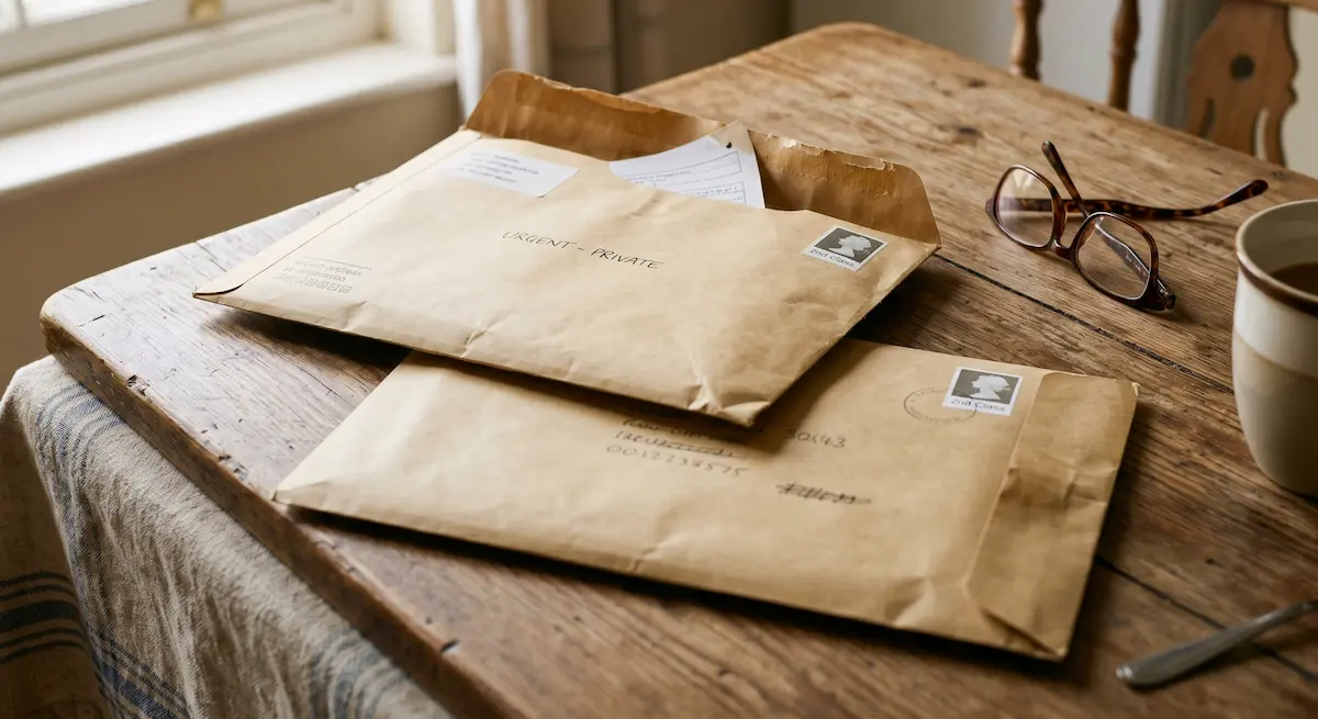 Two government-style brown envelopes stacked on a kitchen table, one open and one unopened